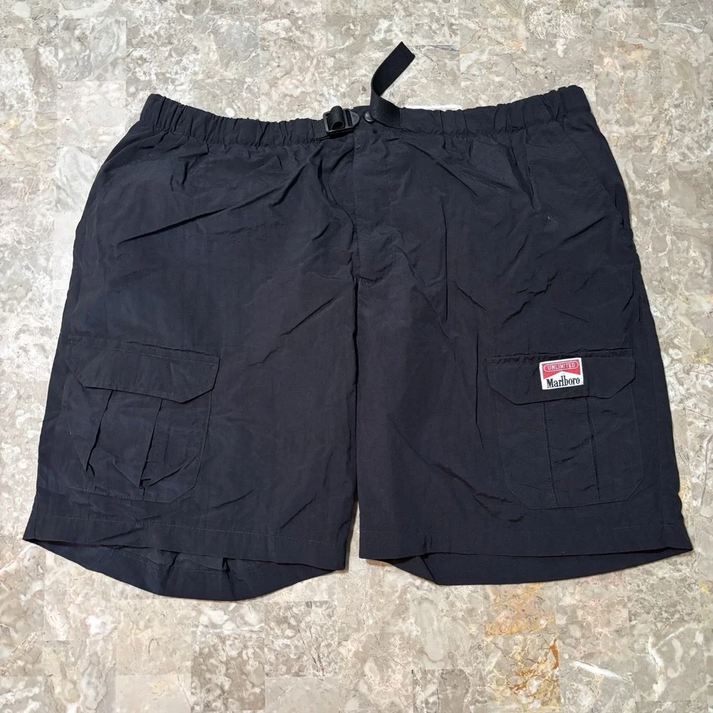 Vintage Marlboro Shorts Mens XL Black Nylon Belted Lined Hiking Climbing